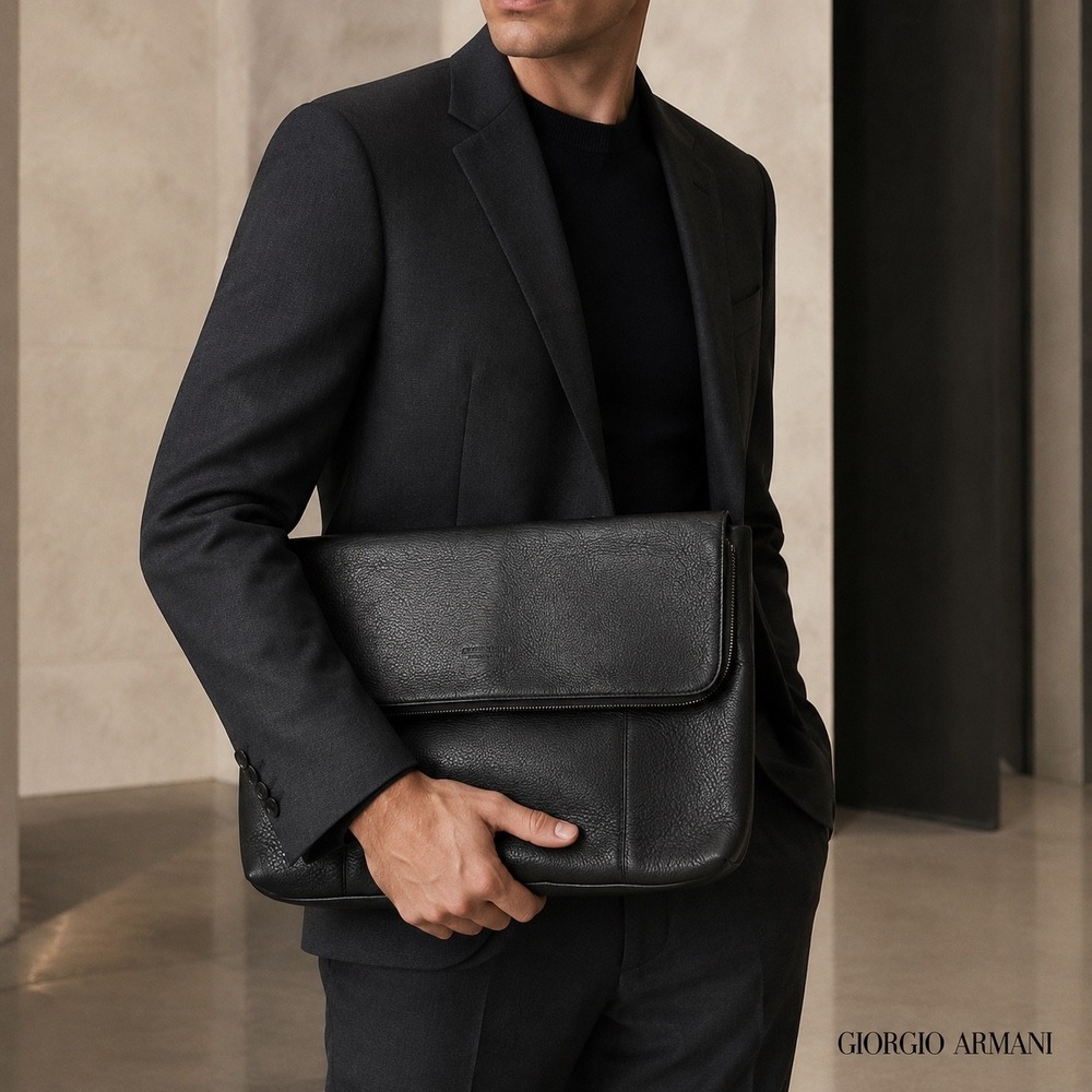 Giorgio Armani Men Black Pebbled Deerskin Leather Document Case Portfolio Y2P223